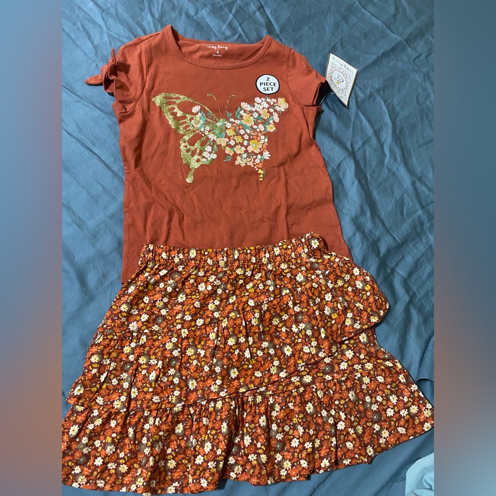 Lucky Penny Brick Rust Orange Butterfly Top and Floral Skirt Girls Set size 8